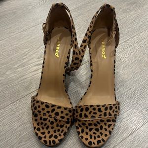 Tan and black polka dot block heels